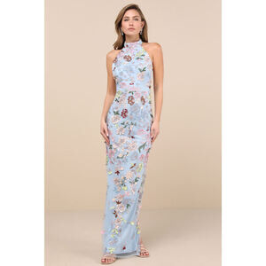 Lulus Infinite Praise Blue 3d Floral Embroidered Halter Maxi Dress - Size XS